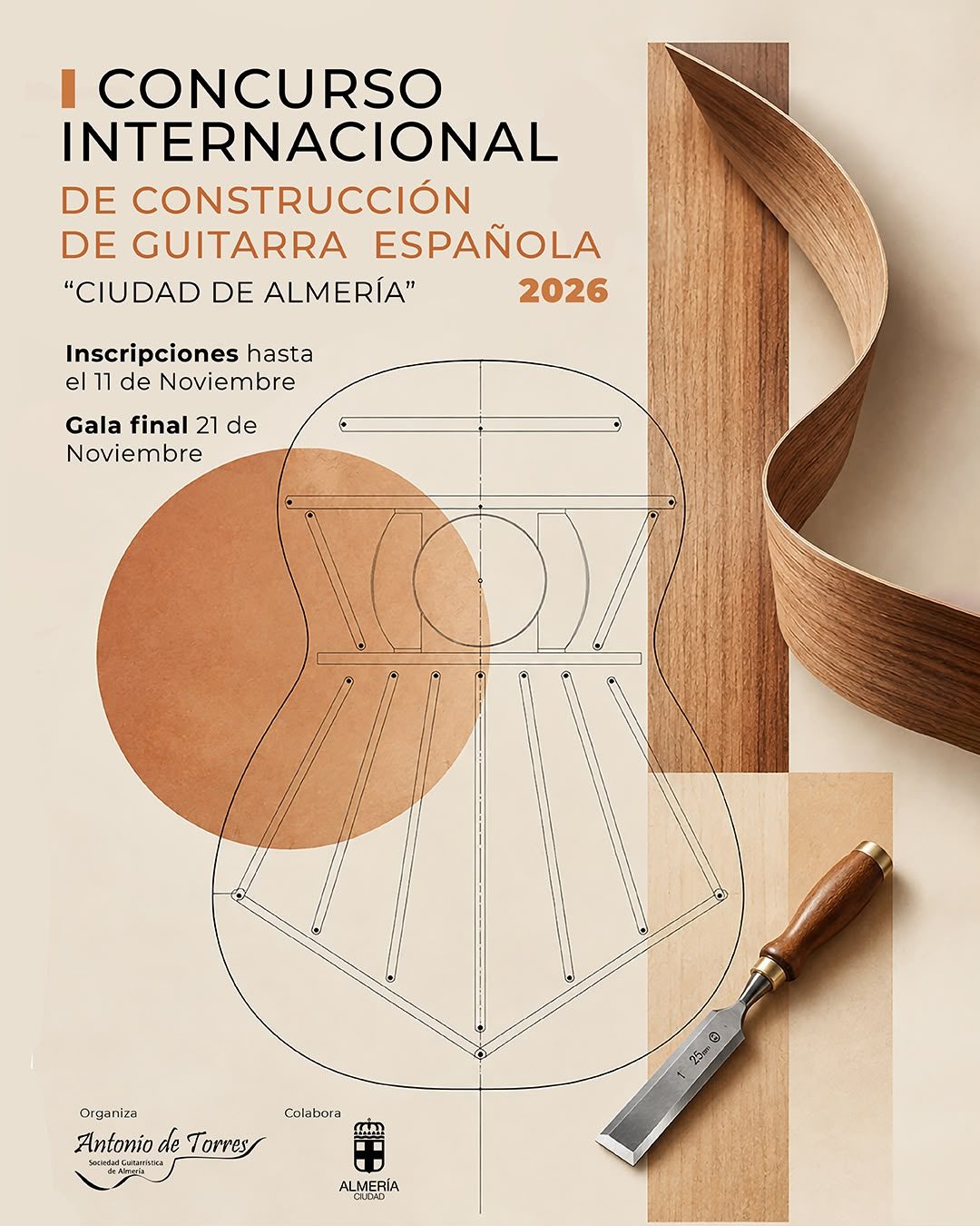 Cartel del I Concurso Internacional de Construcción de Guitarra Española "Ciudad de Almería" 2026: inscripciones hasta el 11 de noviembre y gala final el 21 de noviembre