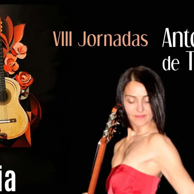 Cartel del concierto de Cinzia Milani en las VIII Jornadas de la Guitarra «Antonio de Torres»: la guitarrista, con vestido rojo, sostiene su guitarra