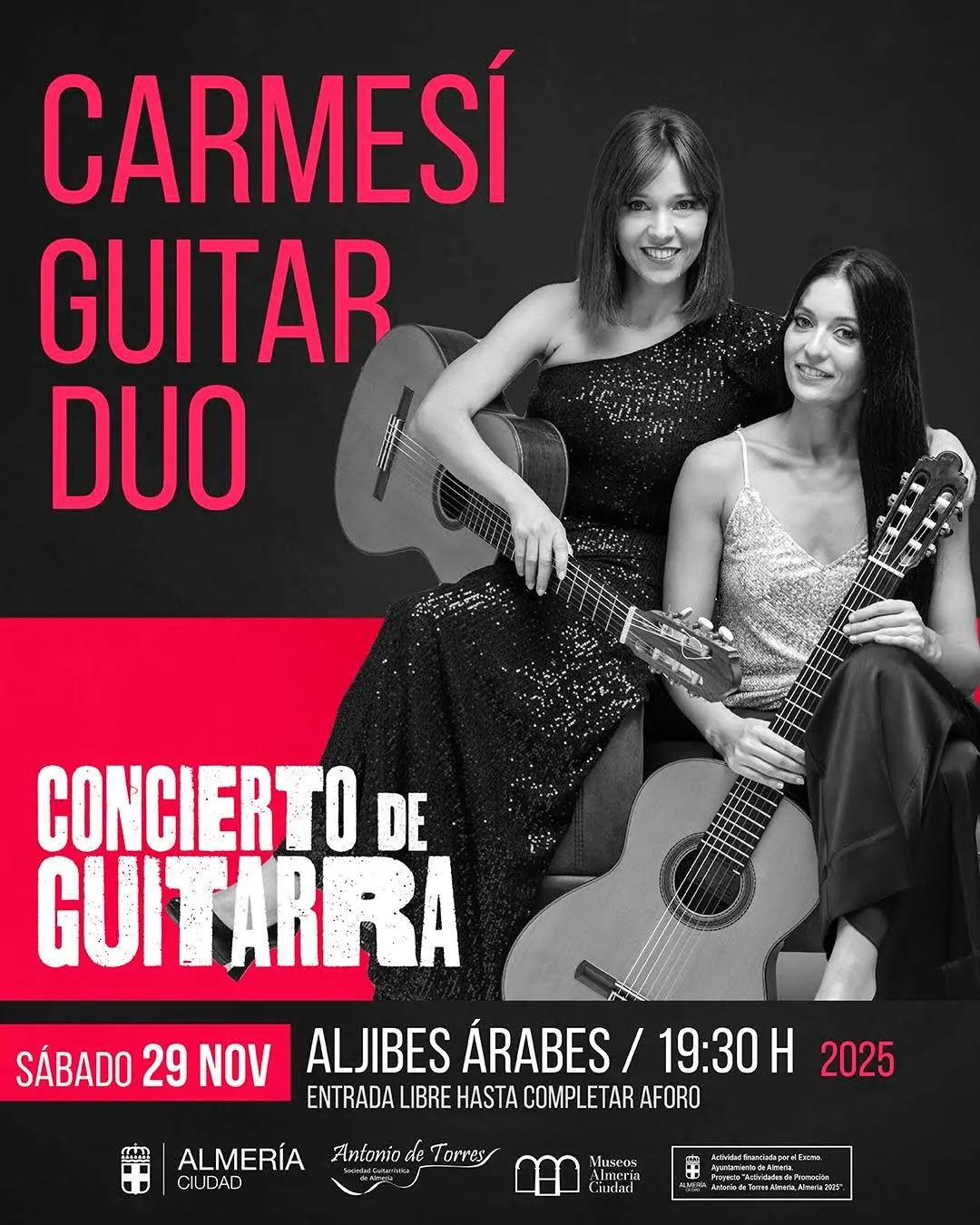 Cartel del concierto de Carmesí Guitar Dúo en los Aljibes Árabes: Paola Requena e Isabel Martínez con sus guitarras